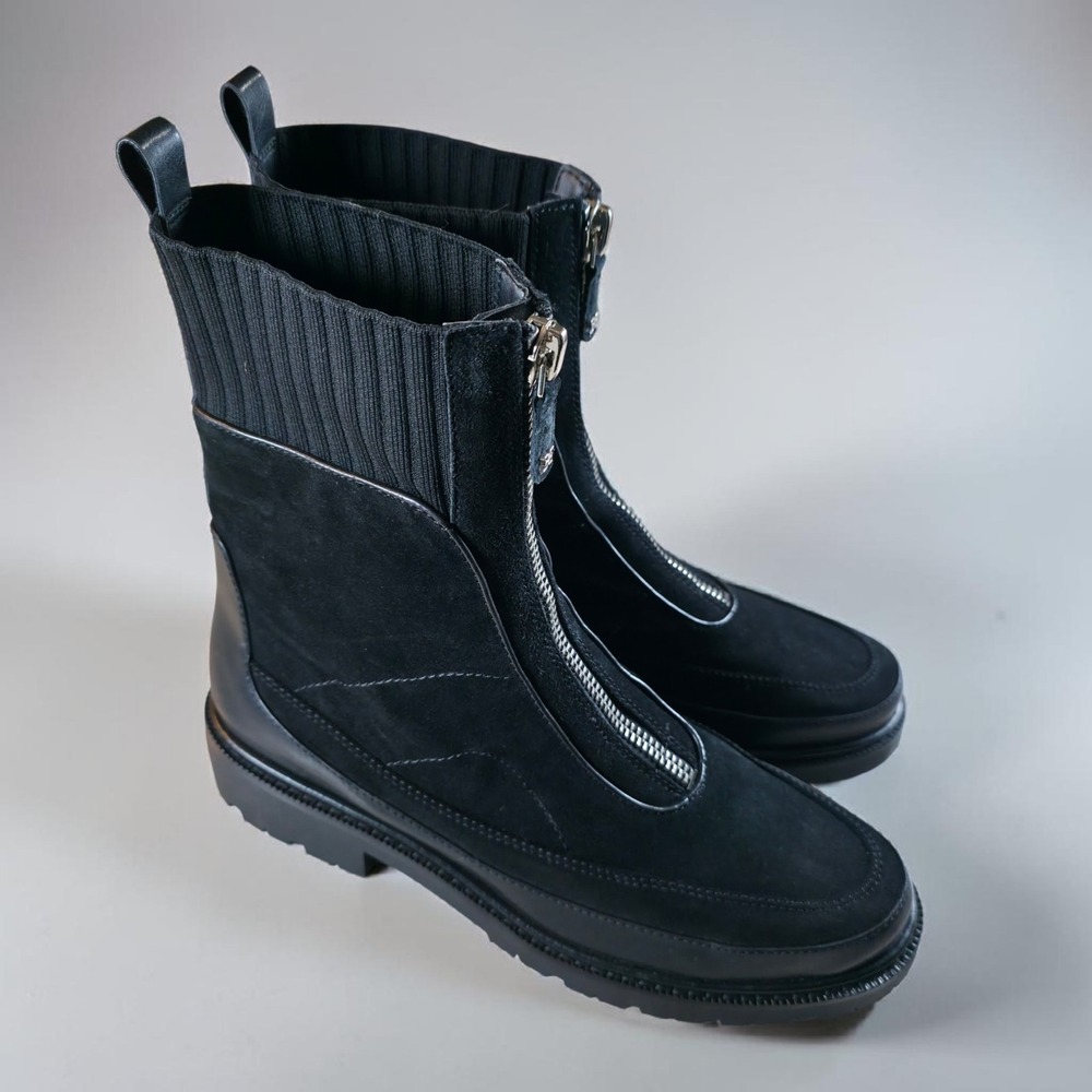 Sam Edelman Black Leather Suede Lug Sole Chelsea Boots Womens 11 Front Zip New